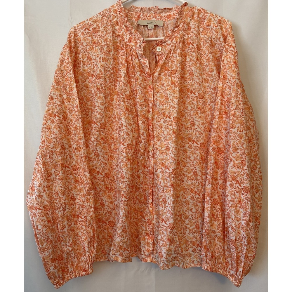 Loft Orange &White Floral Print Long Sleeve Flowy Button Up Ruffle Neck Blouse M
